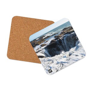 Thor's Well Cork Coaster Set, Waterproof Bar Cart Accessories, Drink and Barware Coastal Home Decor Ocean Landscape Photo, Housewarming Gift