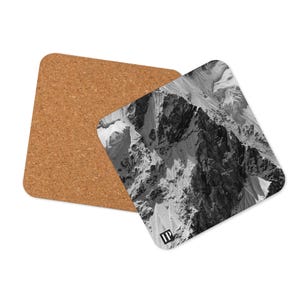 Himalayan Mountains Cork Coaster Set, Waterproof Bar Cart Accessories, Drink and Barware Home Decor Nepal B/W Travel Photo Housewarming Gift