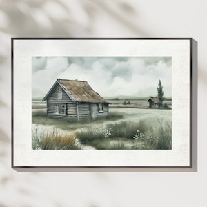 Muted Green Rustic Cottage in the Meadow, Cottagecore Digital Wall Art, Vintage Rural Farmhouse Printable Decor