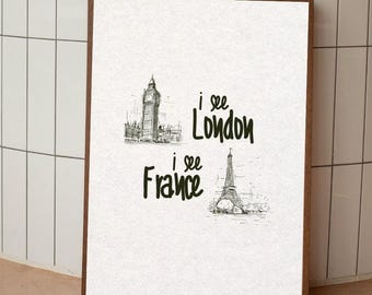 Funny Bathroom Print, I See London I See France, Quirky Restroom Art (Digital Download)