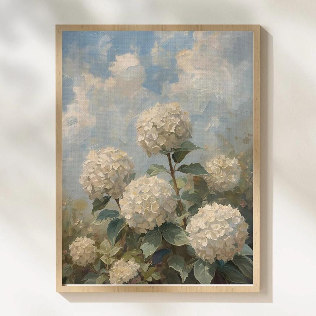 White Hydrangea Canvas Textured Print: Vintage Botanical Wall Art ...