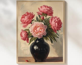Pink Peony Bouquet Painting Classic Botanical: Cottagecore Home Print Wall Art