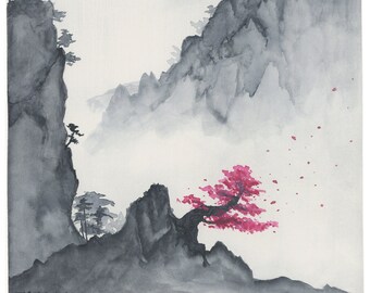 Cherry Blossom Bonsai on Mountains Watercolor Fine Art Print, (Grey, Pink), Chinese, Asian Art