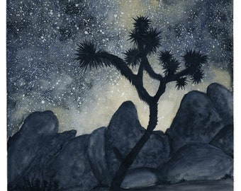 Joshua Tree Watercolor Fine Art Print, (Grey/Blue) Desert Starry Sky Milky Way