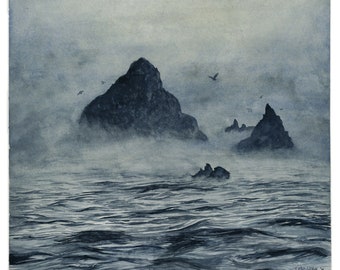Misty Ocean - Pacific Coast Watercolor Fine Art Print, (Grey/Blue)
