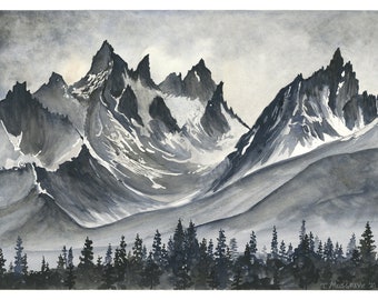 Snowcapped Sawtooth Mountain Range Watercolor Fine Art Print | Black and White