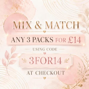 May include: A pink and gold graphic with the text "MIX & MATCH" at the top. It promotes a deal: "ANY 3 PACKS FOR &pound;14" with the code "3FOR14 AT CHECKOUT". The design features floral and heart motifs.