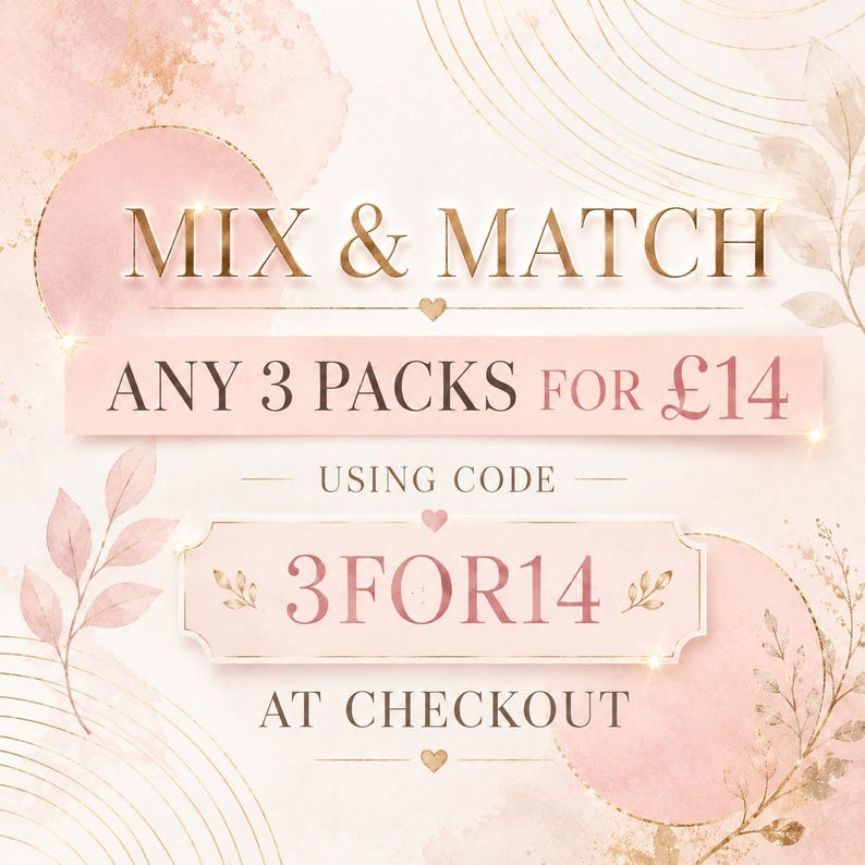 May include: A pink and gold graphic with the text "MIX & MATCH" at the top. It promotes a deal: "ANY 3 PACKS FOR &pound;14" with the code "3FOR14 AT CHECKOUT". The design features floral and heart motifs.