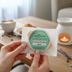 May include: A person holds a wax melt packet labelled "Solely Scented Botanical Wax Melts Caramel Vanilla Latte." A white ceramic oil warmer with a lit candle sits on a wooden table, with coffee, a croissant, and coffee beans.