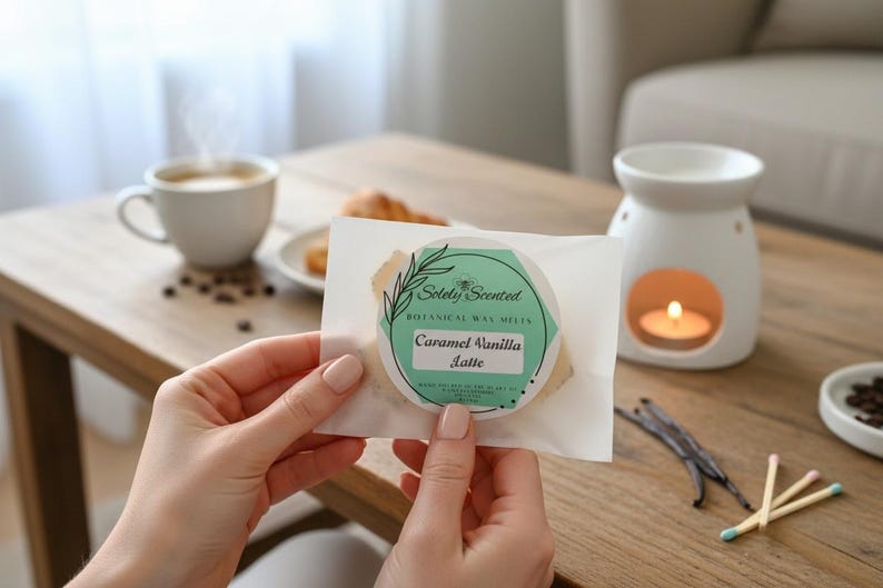 May include: A person holds a wax melt packet labelled "Solely Scented Botanical Wax Melts Caramel Vanilla Latte." A white ceramic oil warmer with a lit candle sits on a wooden table, with coffee, a croissant, and coffee beans.