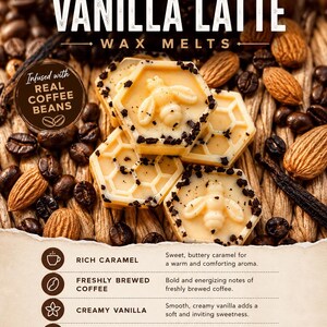 May include: Caramel Vanilla Latte wax melts. Honeycomb-shaped wax melts with a bee design, surrounded by coffee beans and almonds. The image text says "Infused with Real Coffee Beans". The melts have a rich caramel, freshly brewed coffee, creamy vanilla, and almond scent.