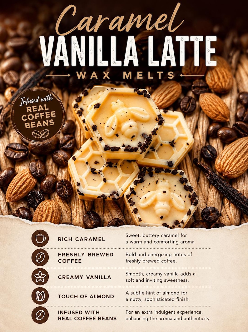May include: Caramel Vanilla Latte wax melts. Honeycomb-shaped wax melts with a bee design, surrounded by coffee beans and almonds. The image text says "Infused with Real Coffee Beans". The melts have a rich caramel, freshly brewed coffee, creamy vanilla, and almond scent.