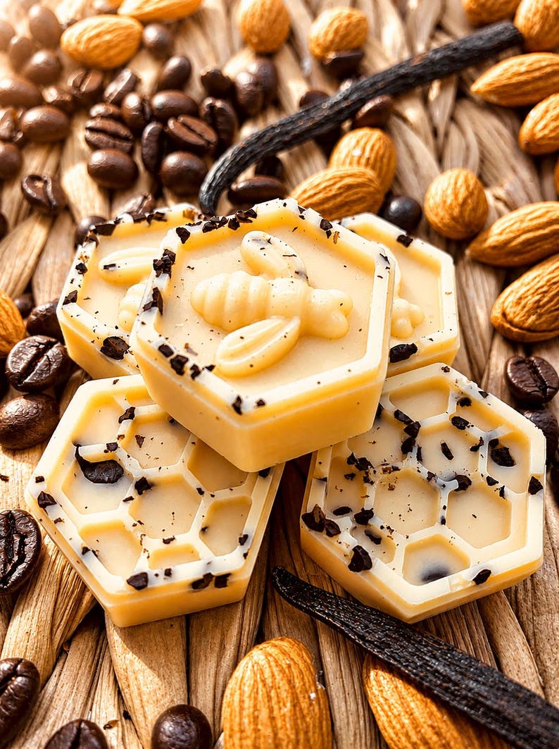May include: Close-up of several hexagonal, pale yellow soaps with a bee design and dark flecks. The soaps are surrounded by coffee beans, almonds, and a vanilla pod. The soaps have a honeycomb pattern.