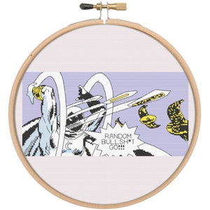 May include: A cross-stitch pattern of a comic book character in a white suit with a yellow mask, fighting against a purple background. The character is surrounded by yellow and black shapes. The text "RANDOM BULLSH*T GO!!!" is in a speech bubble.