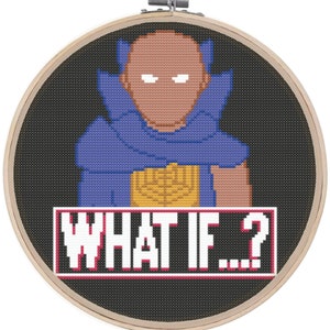 Könnte beinhalten: Stickbild in einem Stickrahmen mit einem pixeligen Charakter mit einem lila Umhang und dem Text "WHAT IF...?" in einer roten und weißen Pixel-Schrift.