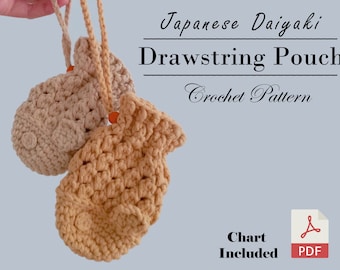 Crochet Pattern: Japanese Daiyaki Drawstring Pouch, Instant download PDF tutorial, crochet fish cake, small pouch, ear pod case, gift, Japan