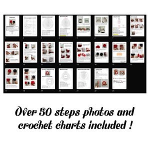 May include: A collection of instructional pages with step-by-step photos and crochet charts. The pages are numbered and show various stages of a crochet project. The text "Over 50 steps photos and crochet charts included!" is at the bottom.