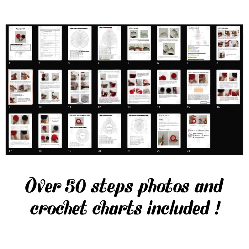 May include: A collection of instructional pages with step-by-step photos and crochet charts. The pages are numbered and show various stages of a crochet project. The text "Over 50 steps photos and crochet charts included!" is at the bottom.
