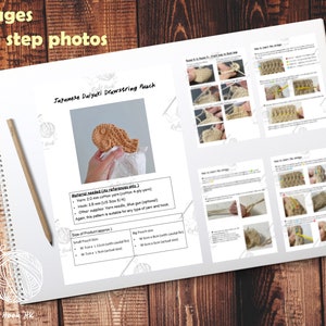 May include: A 14-page crochet pattern booklet with step-by-step photos for making a Japanese Daiyaki drawstring pouch. The pattern includes instructions for making two sizes: small and big. The booklet is printed on white paper with a brown background.