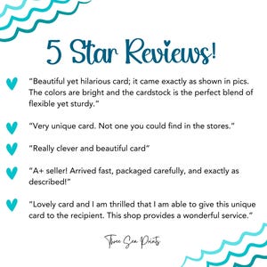 May include: Five star reviews for a card shop. The reviews highlight the quality of the cardstock, the unique design, and the fast shipping. The shop is called "Three Sea Prints".