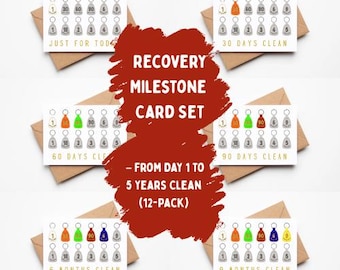 Pacote de cartas de marco de recuperação – 12 cartas de apoio para recuperação, presentes de aniversário limpos e sóbrios, cartas em branco para dependentes químicos e AA
