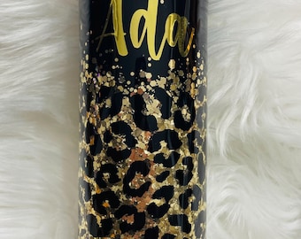 Customized Black Gold Ombre Leopard 20oz Skinny Tumbler / Travel Mug Glitter Tumbler