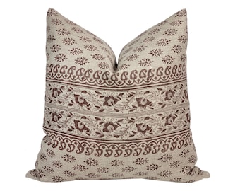 DAHLIA | Designer Brown Floral Linen Pillow Cover, Block Print Pillow, Farmhouse Pillow, Dark Brown Pillow, Neutral Pillow, Floral Print