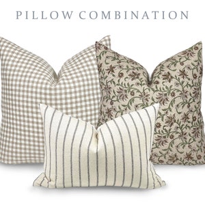 PILLOW COMBO | Warm Neutrals, Gingham Pillow, Earthy Floral Pillow, Striped Pillow, Pillow Combination, Sofa Pillow Set, Fall Pillow Combo