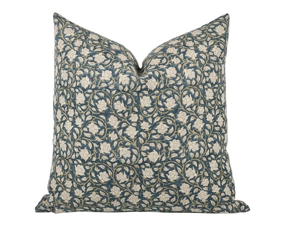 SARCELLE | Designer Teal Floral Linen Pillow Cover, Block Print Pillow, Jewel Tone Pillow, Blue Green Pillow Cover, Blue Floral Pillow
