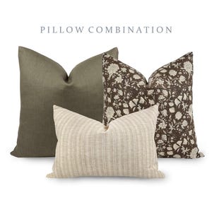 PILLOW COMBO | Fall Pillow Combination, Camel Floral Pillow, Green Pillow, Beige Stripe Pillow, Pillow Set, Sofa Pillow Set, Pillow Combo