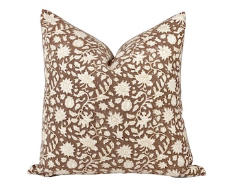 CAROB | Designer Dark Brown Floral Linen Pillow Cover, Floral Block Print Pillow, Farmhouse Pillow, Brown Floral Pillow, Dark Brown Pillow