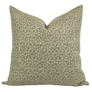 MAISIE | Designer Olive Green Linen Pillow Cover, Block Print Pillow, Sage Green Pillow, Floral Pillow, Muted Pillow Cover, Spring Pillow image 1
