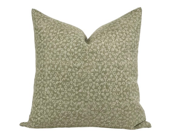 MAISIE | Designer Olive Green Linen Pillow Cover, Block Print Pillow, Sage Green Pillow, Floral Pillow, Muted Pillow Cover, Spring Pillow