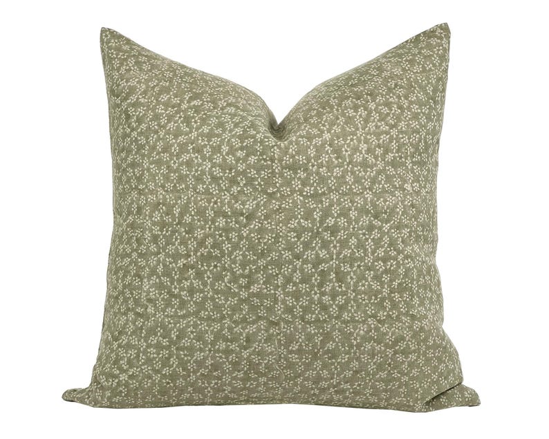MAISIE | Designer Olive Green Linen Pillow Cover, Block Print Pillow, Sage Green Pillow, Floral Pillow, Muted Pillow Cover, Spring Pillow image 1