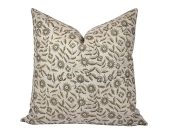 CELESTE | Designer Brown Grey Brown Linen Pillow Cover, Block Print Pillow, Tan Grey Pillow, Floral Brown Pillow, Neutral Floral Pillow