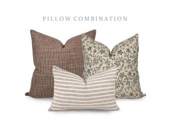 PILLOW COMBO | Warm Neutrals, Brown Flecked Pillow, Earthy Floral Pillow, Striped Pillow, Pillow Combination, Sofa Pillow Set, Pillow Combo