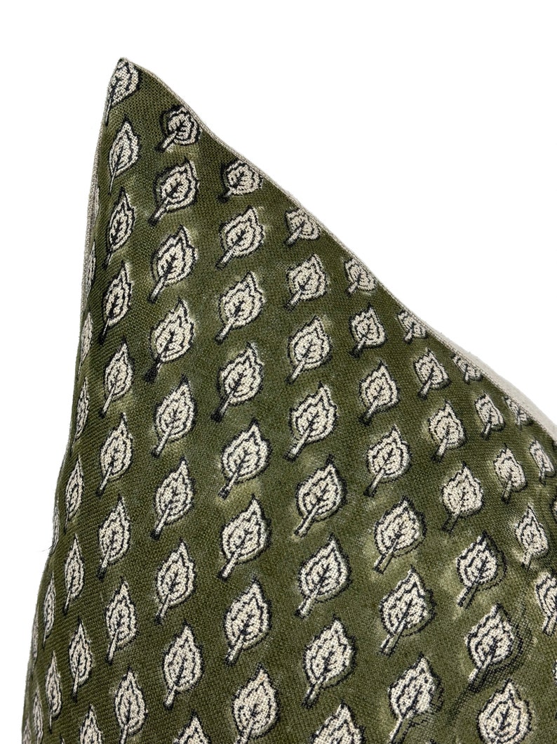 OLIVE | Designer Olive Green Linen Pillow Cover, Block Print Pillow, Farmhouse Pillow, Designer Pillow, Floral Leaf Pillow, Rustic Pillow bild 4