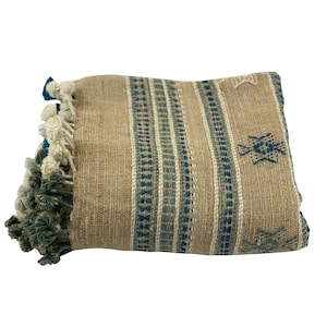 ARUNA | Tan and Green Indian Wool Throw, Bhujodi Wool Throw, Indian Throw, Vintage Wool Throw, Handloomed Throw, Wool Throw, Tan Beige Throw