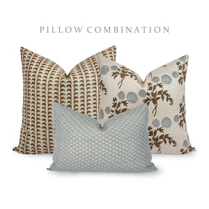 PILLOW COMBO | Spring Pillow Combination, Brown Striped Pillow, Floral Blue Pillow, Blue Neutral Pillow, Pillow Combination, Sofa Pillow Set
