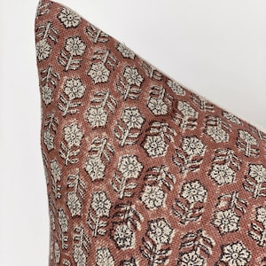 MARGEAUX Designer Dark Amber Floral Linen Pillow Cover, Block Print Pillow, Rust Red Pillow, Muted Pillow Cover, Floral Pillow Cover image 4