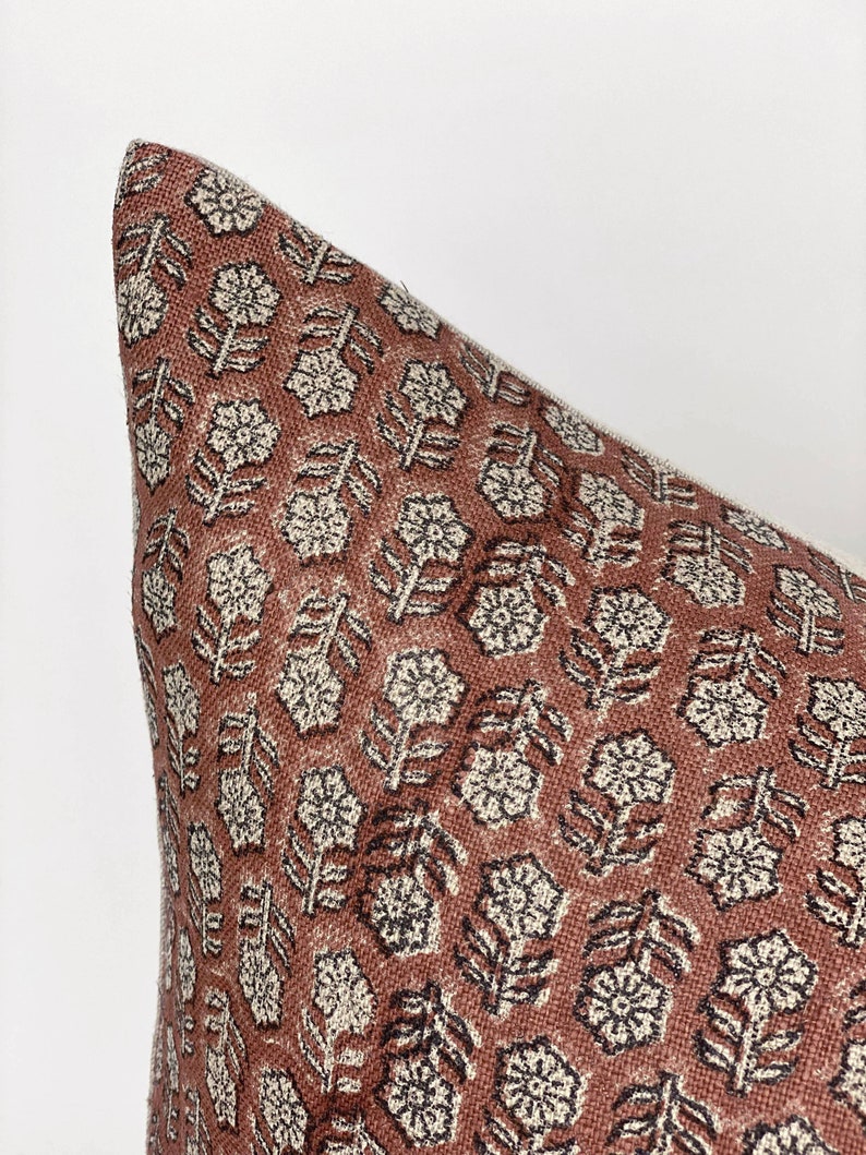 MARGEAUX Designer Dark Amber Floral Linen Pillow Cover, Block Print Pillow, Rust Red Pillow, Muted Pillow Cover, Floral Pillow Cover image 4