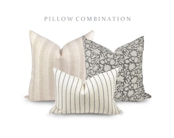 PILLOW COMBO | Classic Neutrals, Cream Pillow, Grey Print Pillow, Stripe Pillow, Pillow Combination, Sofa Pillow Set, Neutral Pillows