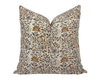 MAIA | Designer Blue Grey Brown Linen Pillow Cover, Block Print Pillow, Blue Grey Pillow, Hand Printed Pillow, Floral Pillow, Spring Pillow