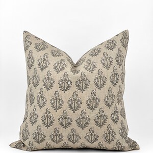 PAISLEY | Designer Sand Fog Linen Pillow Cover, Block Print Pillow, Grey Blue Floral Print Pillow, Beige Floral Pillow, Fall Pillow Cover image 2