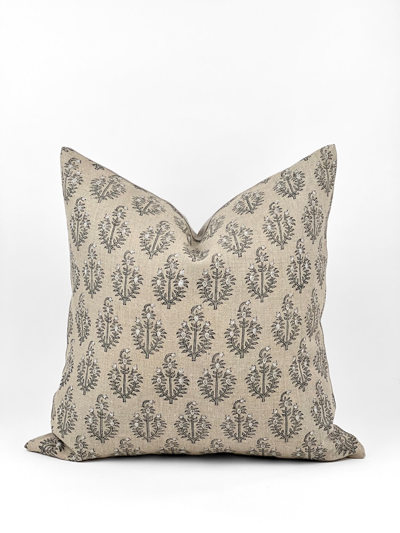 PAISLEY | Designer Sand Fog Linen Pillow Cover, Block Print Pillow, Grey Blue Floral Print Pillow, Beige Floral Pillow, Fall Pillow Cover image 2