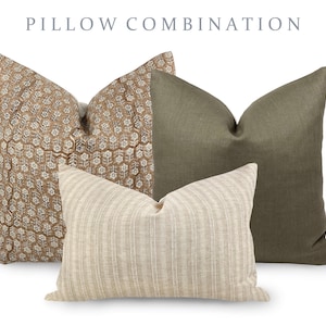 PILLOW COMBO | Warm Neutrals, Camel Floral Pillow, Green Pillow, Cream Stripe Pillow, Pillow Combination, Sofa Pillow Set, Fall Pillow Combo