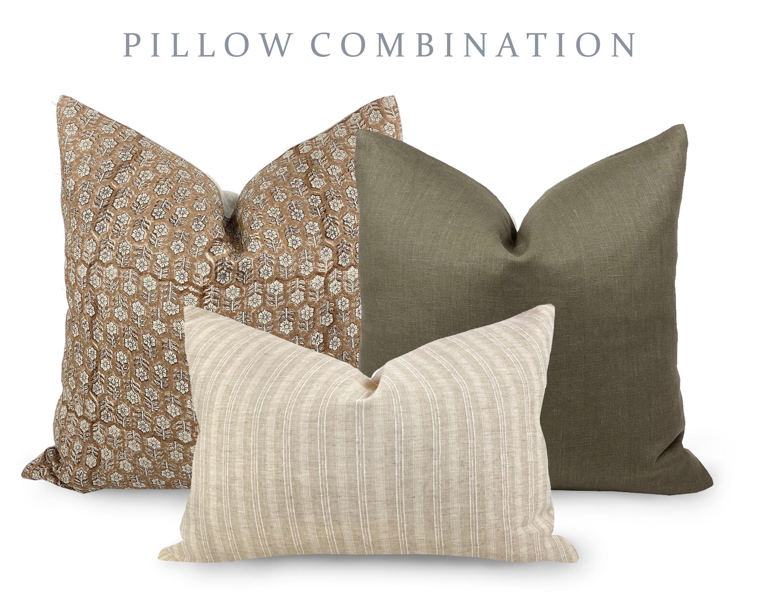 PILLOW COMBO | Warm Neutrals, Camel Floral Pillow, Green Pillow, Cream Stripe Pillow, Pillow Combination, Sofa Pillow Set, Fall Pillow Combo