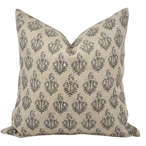 PAISLEY | Designer Sand Fog Linen Pillow Cover, Block Print Pillow, Grey Blue Floral Print Pillow, Beige Floral Pillow, Fall Pillow Cover image 1