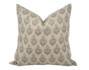PAISLEY | Designer Sand Fog Linen Pillow Cover, Block Print Pillow, Grey Blue Floral Print Pillow, Beige Floral Pillow, Fall Pillow Cover
