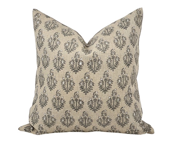 PAISLEY | Designer Sand Fog Linen Pillow Cover, Block Print Pillow, Grey Blue Floral Print Pillow, Beige Floral Pillow, Fall Pillow Cover